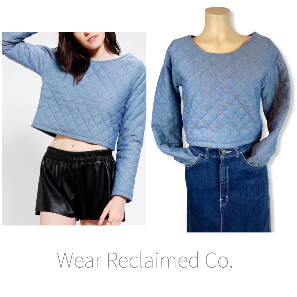 Bycorpus Quilted Chambray Cropped Blue Top Sweater